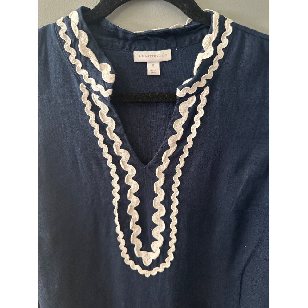 Charter Club Linen Top Size M Navy Blue White Embroidered Coastal Preppy Chic - Picture 4 of 6